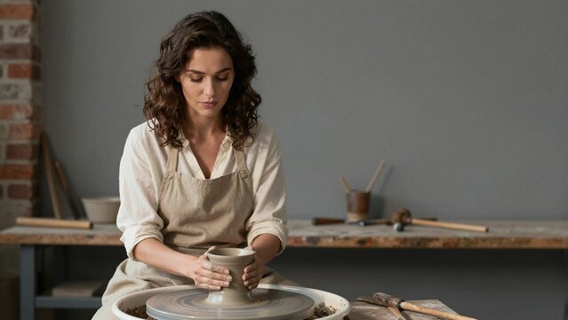 A focused potter molds wet clay into a vessel using her hands while seated at a spinning wheel in a rustic studio.