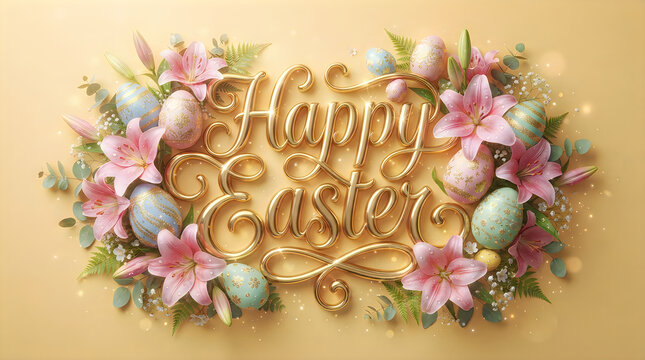 Happy easter text sign with spring flowers and colorful decorative eggs on a soft orange background