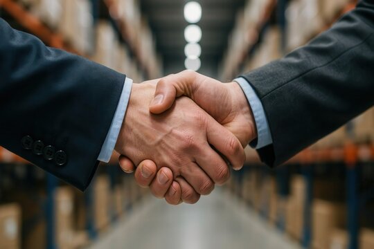 Close up of a business handshake in a warehouse