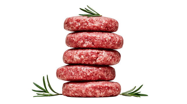 Stack of raw beef burger patties isolated on transparent background PNG cutout