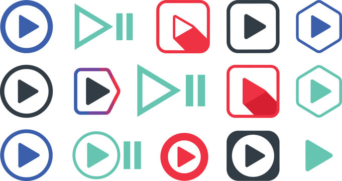 Media playback user interface control icon set featuring flat geometric streaming play pause button templates