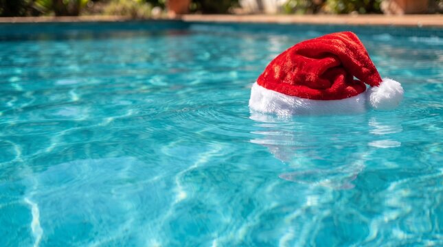 Santa hat floating on the surface of a swimming pool