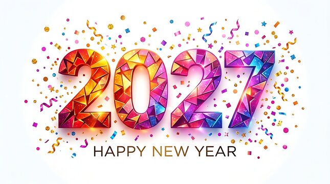 Colorful 2027 happy new year celebration with confetti and vibrant digital illustration