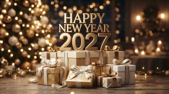 Festive new year celebration with gifts and a sparkling bokeh background