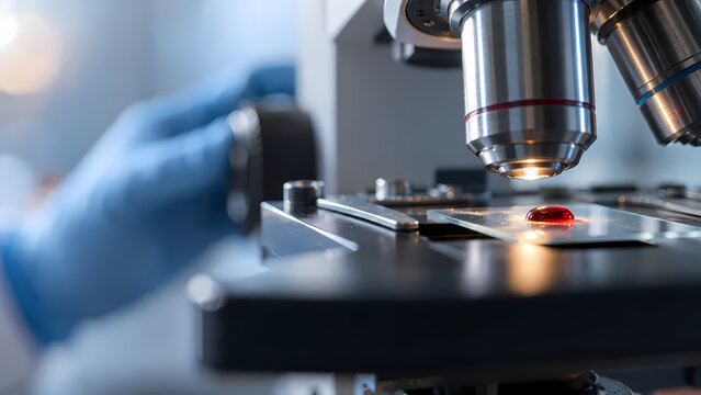 A red blood sample rests on a glass slide beneath the objective lens of a laboratory microscope, while a blue gloved hand blurs in the background, illustrating hematology analysis and drug testing