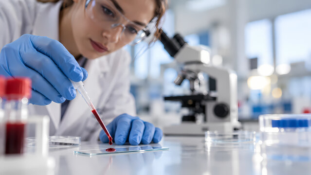 A laboratory researcher in safety glasses and blue gloves transfers a red blood specimen with a pipette into a clear dish, with a microscope behind her, illustrating hematology research and testing