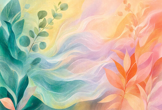 Dreamy botanical abstract with soft wavy lines and lush green foliage.