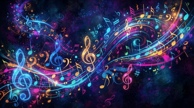 Colorful musical notes swirling over dark cosmic background