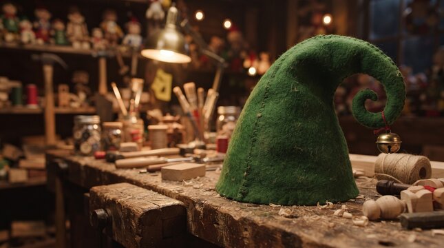 Elf hat with a bell on a workbench in a workshop