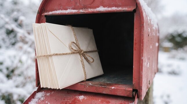 Stack of letters tied with twine in a red mailbox during winter