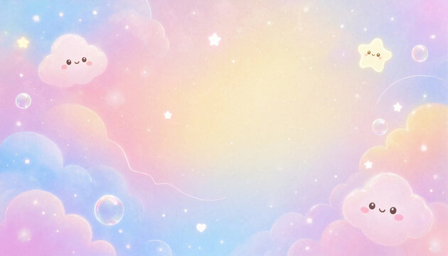 Sparkling pastel sky with cute clouds stars and bubbles for magical backgrounds.