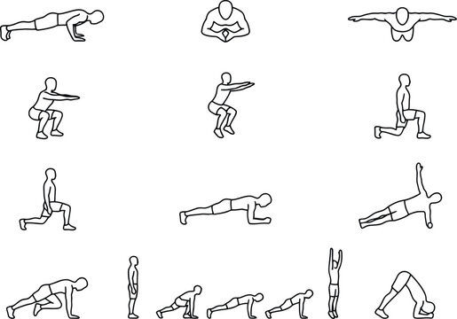 Bodyweight exercise icons set showing fitness poses and workout movements in a simple line art vector style
