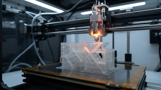 Industrial 3d printer nozzle extruding molten plastic filament to create a complex transparent geometric structure on a heated build plate