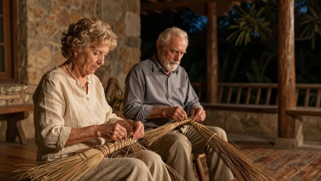 Two senior farmers weave brooms on a wooden porch at dusk, surrounded by stone walls and tropical plants.