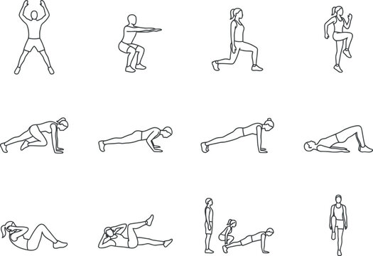 Fitness Exercise Icons Set Featuring People Performing Various Workout Poses and Calisthenics Movements in Linear Vector Style