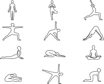 Yoga pose icons set featuring diverse asana silhouettes for fitness, wellness, and healthy lifestyle design projects