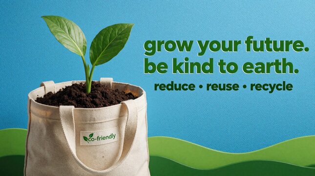 Eco friendly canvas tote bag with green plant growing in soil. Sustainable concept with reduce reuse recycle text on blue background. Message about protecting earth, nature for future. Organic