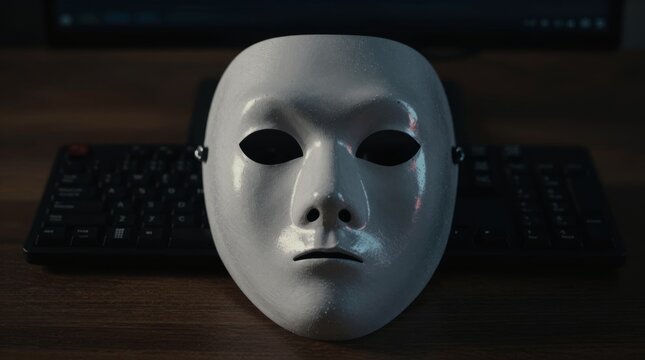 A striking plain white mask sits on a keyboard, capturing the essence of identity and emotion in a dark room. Shadows enhance its mysterious allure.