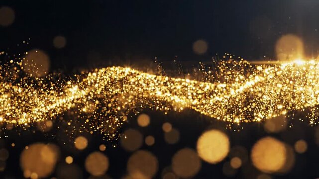 Golden sparkling particles on dark background with copy space