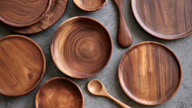 Collection of different wooden dishes arranged on a gray table, captured from a top-down perspective to highlight their natural texture and rustic design.