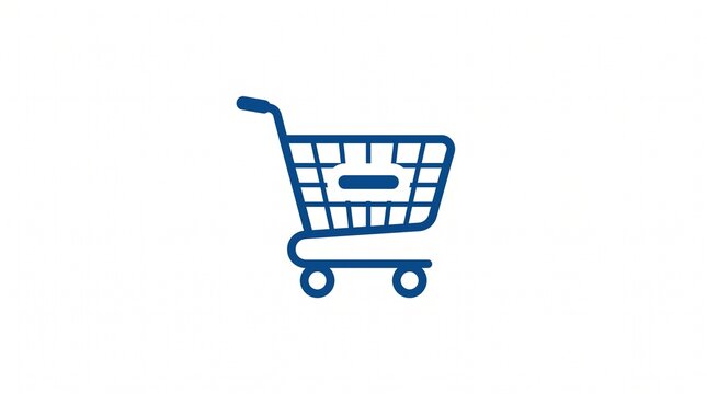 Minimalist blue shopping cart icon with minus symbol, remove item e-commerce button concept on white background, online retail ui element