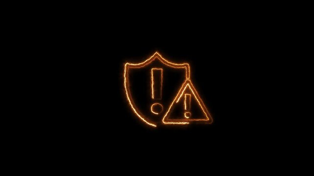 Glowing orange neon warning shield and caution triangle icon animation on black background