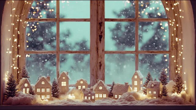 Miniature snowy Christmas village with glowing houses and warm fairy lights on a windowsill while snow falls outside, cozy magical winter holiday scene