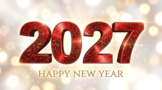 Festive new year 2027 celebration with sparkling red numbers and bokeh lights