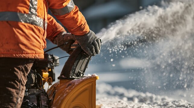 A worker in a bright orange jacket and gray gloves operates a snow blower, clearing accumulated snow from a driveway on a sunny winter day. Snow sprays outward as the machine clears the surface.