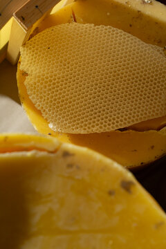 Raw natural beeswax blocks and organic honeycomb sheet. Traditional apiculture, beekeeping and zero waste material.