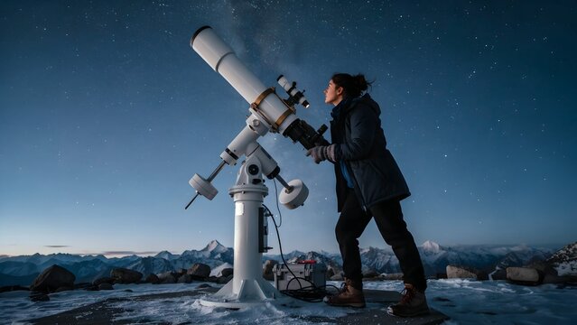 Woman observing through telescope on mountain peak under starry night sky