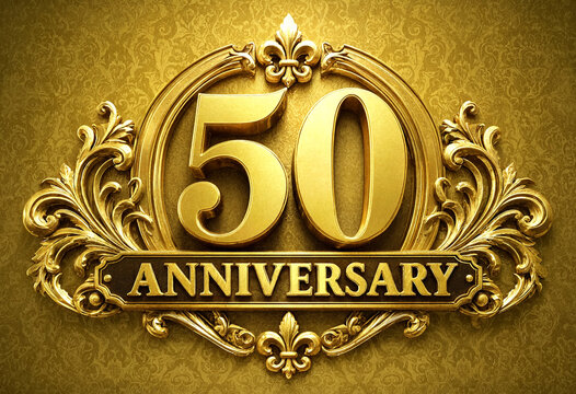 Golden decorative fifty anniversary celebration emblem with ornate design elements