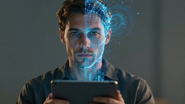 A man with half his face transformed into a glowing digital grid, symbolizing the fusion of humanity and technology through advanced interfaces.