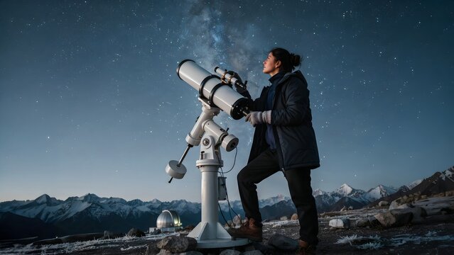 Woman observing night sky with telescope in mountainous landscape under stars