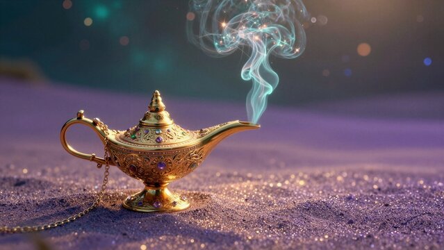 A golden genie lamp emits glowing smoke over glittering sand under magical twilight hues.