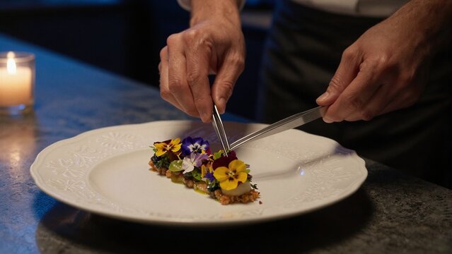 A chef carefully places edible flowers on a plated gourmet dish under warm candlelight in an upscale restaurant setting.