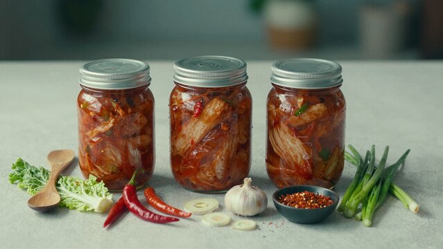 Traditional Korean kimchi jars filled with fermented cabbage and spices, surrounded by fresh chili peppers, garlic, green onions, and a wooden spoon on a clean countertop.