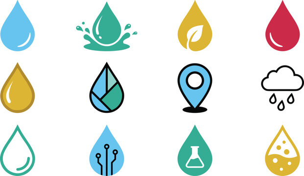 Water droplet and liquid oil logo icon set featuring flat geometric industrial fluid vector symbols