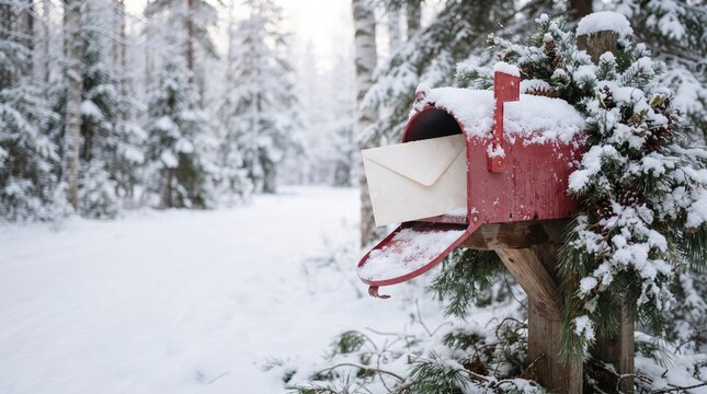 Red mailbox with letter in snowy winter forest with pine decoration