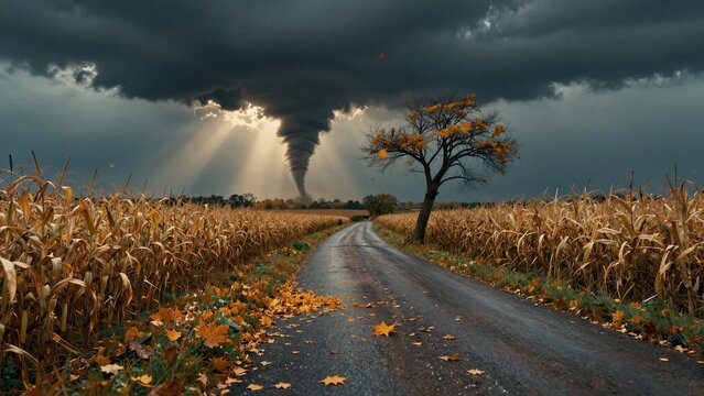 A dramatic tornado forms over a golden cornfield as sun rays pierce through dark storm clouds, illuminating an isolated tree and winding road.