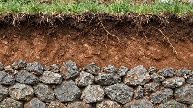 Cross-section of layered earth showing grass, roots, rich topsoil, and rocky subsoil beneath a natural stone wall.
