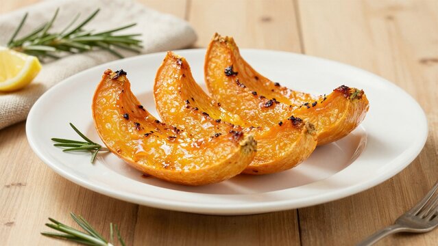 Crisp roasted pumpkin wedges garnished with rosemary and lemon, served on a white plate over wooden surface.