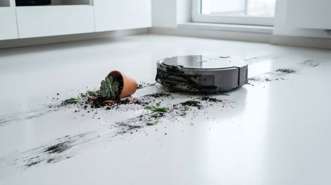 Robot vacuum cleaner spills plant dirt across floor