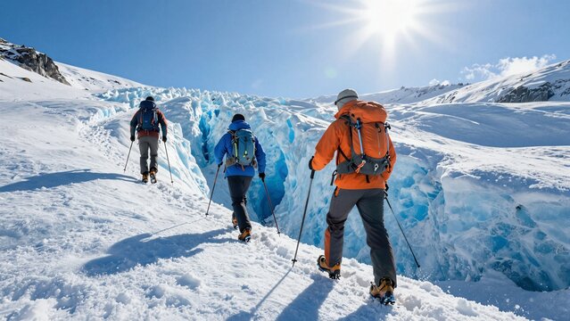 Adventure seekers navigate rugged terrain on a stunning glacier with towering blue ice formations and clear skies overhead.