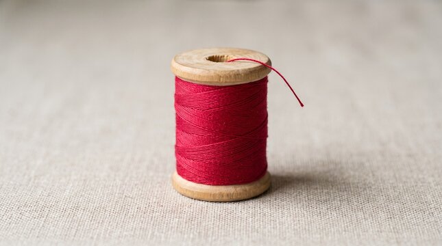 Vintage wooden spool of vibrant red thread on a textured neutral background