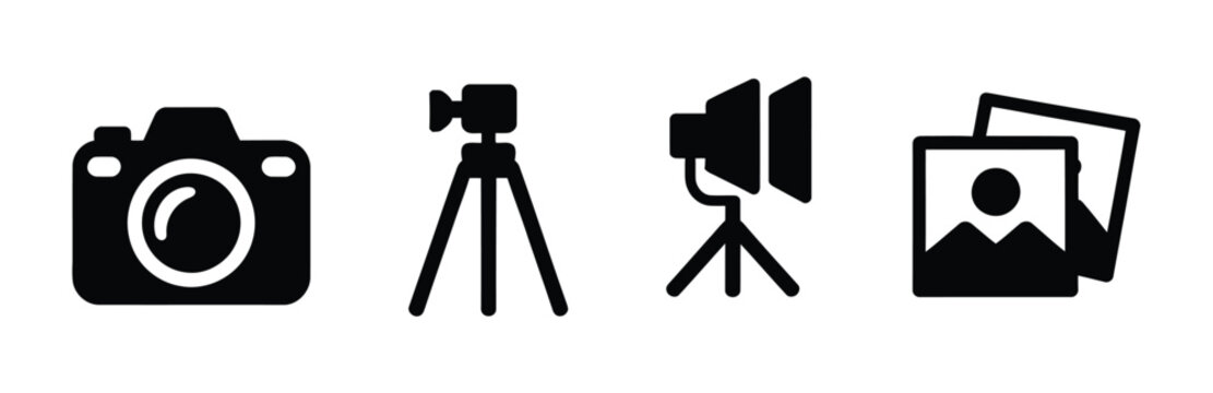 Photography camera icon set, black minimalist symbols with camera tripod video equipment and photo frames for professional media design.