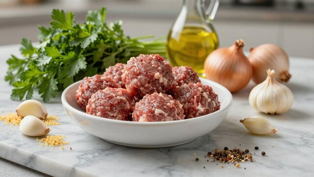 Freshly formed raw meatballs surrounded by parsley, garlic, onions, olive oil, and mixed spices on a marble countertop.