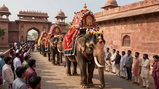 A grand procession of elaborately adorned elephants walks through a historic red sandstone fortress, surrounded by onlookers in traditional attire under bright daylight.