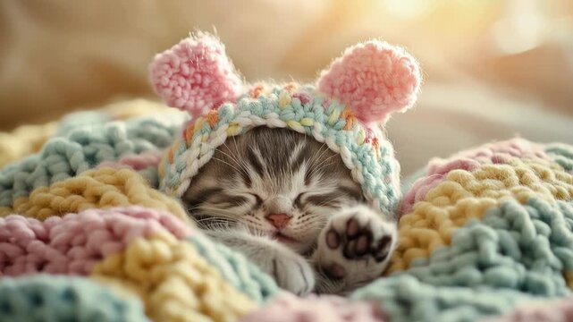 Tiny sleeping kitten in cozy handmade bear ear hat lying on soft textured blanket with dreamy bokeh light creates adorable pet scene for warmth comfort innocence nap time and peaceful domestic animal