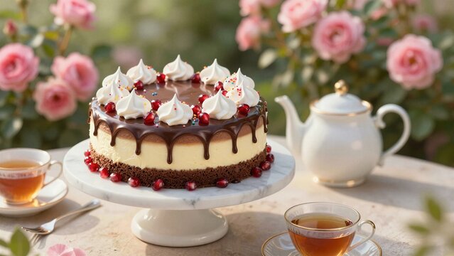 A decadent chocolate berry cake with whipped cream and pomegranate seeds sits on a marble stand beside tea cups in a rose garden.